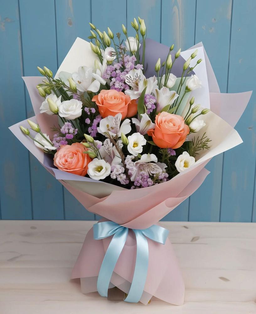 Букет цветов из: Лизиантусы, Розы, Альстромерии и Гипсофила в Абрау-Дюрсо