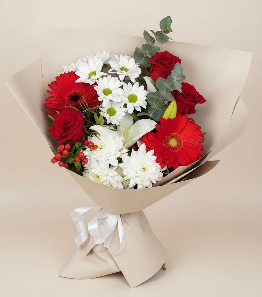 Букет цветов из: Розы, Хризантемы, Герберы и Лилии в Абрау-Дюрсо