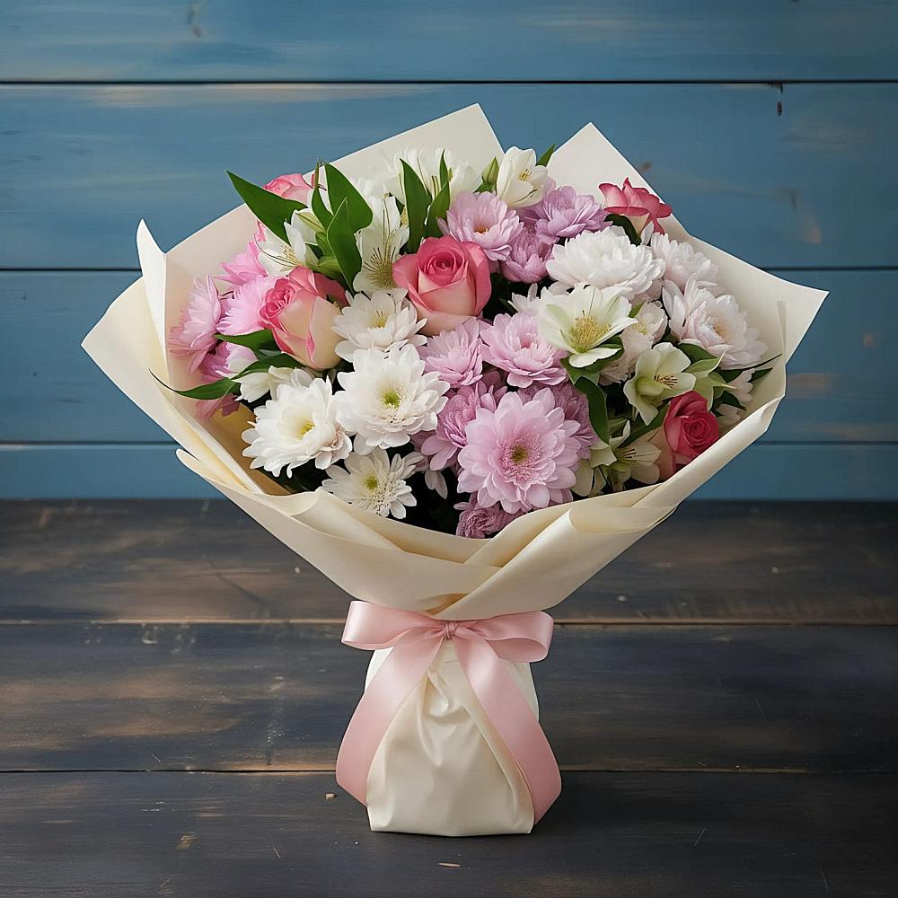 Букет цветов из: Хризантемы, Альстромерии и Розы в Абрау-Дюрсо